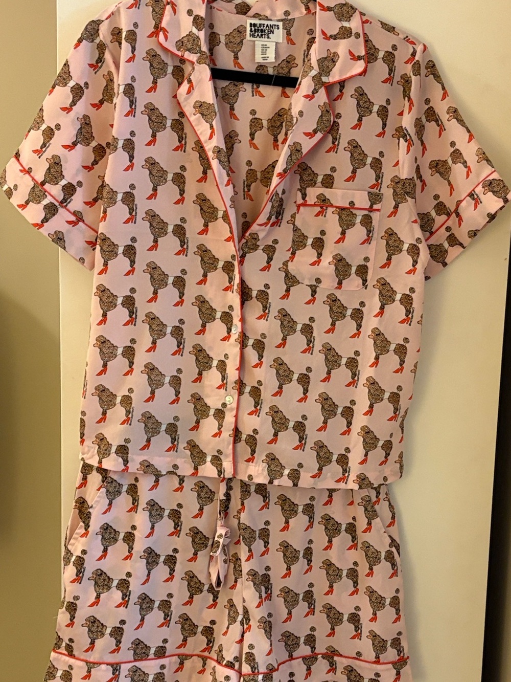 Poodle-Print Short Pajama Set with Coral Trim - Women’s Pink Lounge Set
